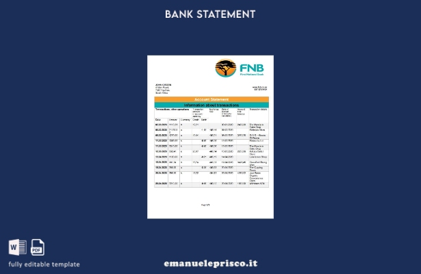 modello in parole di prova dell'indirizzo della First National Bank (FNB) del Su